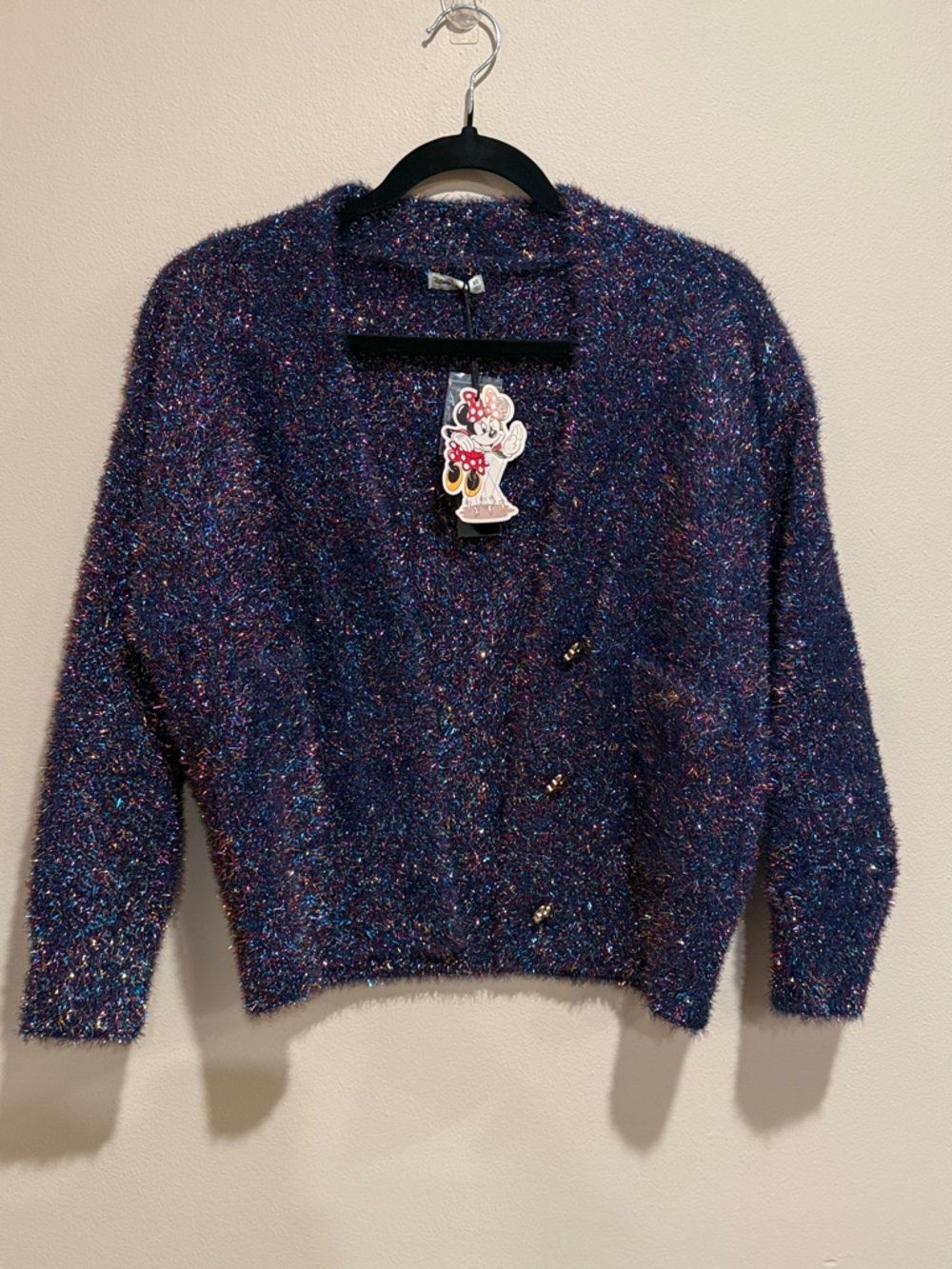 Disney X Macys Sparkle Navy Multicolor Fuzzy Cardigan Minnie Mouse Buttons NWT